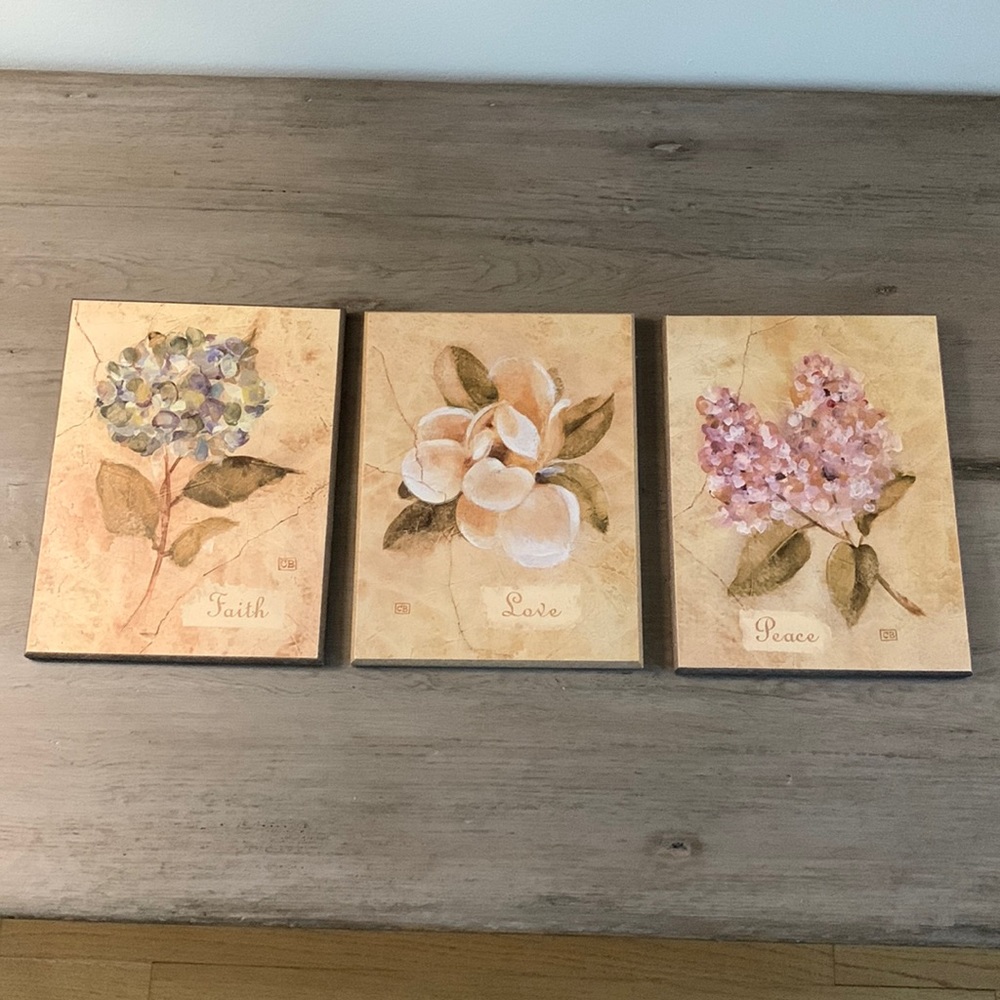 Love, Faith, Peace Floral Wall Hangings: Set of 3